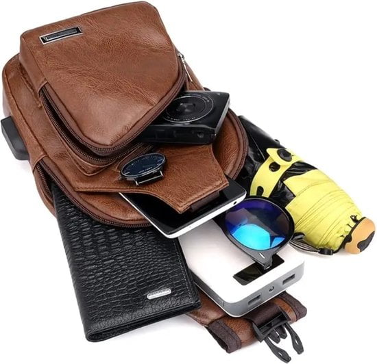 Sasemy - Borsttas Voor Heren - Sling Bag - 3 rits/vakken - Dames - Heren - donker Bruin lerentas #1 - 30 x 16 x 6 - Slingbag - Sbag - Schoudertas - Rugzak - Crossbody bag - Vaderdag Cadeau - Verjaardag Cadeau - Sinterklaas Cadeau - Kerst Cadeau - Afbeelding 5