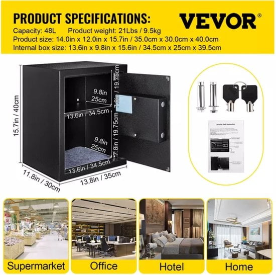 Vevor® Kluis Brandwerend met Sleutel - Kluisje met Cijferslot en Sleutel - Toetsenbord/Vingerafdruk & Digitaal Toetsenbord - 35x30x40cm - Afbeelding 6