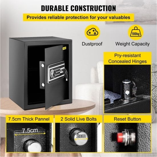 Vevor® Kluis Brandwerend met Sleutel - Kluisje met Cijferslot en Sleutel - Toetsenbord/Vingerafdruk & Digitaal Toetsenbord - 35x30x40cm - Afbeelding 3
