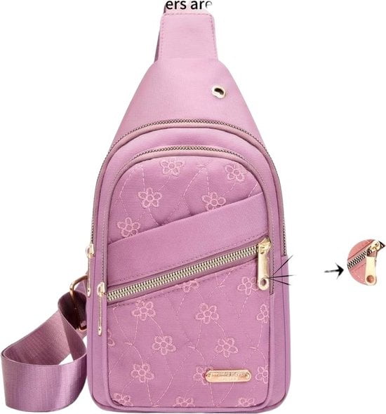 Sasemy - Borsttas Voor Dames - Sling Bag - 2 rits/vakken - Dames - Heren - Roze - Bloemen print #9 - 30 x 16 x 6 - Reistas- Schoudertas - Rugzak - Crossbody bag - Moederdag Cadeau - Verjaardag Cadeau - Sinterklaas Cadeau - Kerst Cadeau - Afbeelding 5